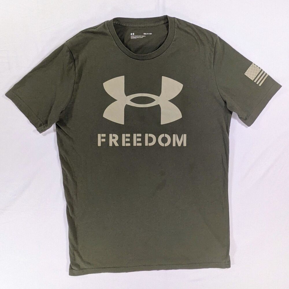 Under Armour Freedom T Shirt Men's small Military Green Cotton Blend USA Flag Fl